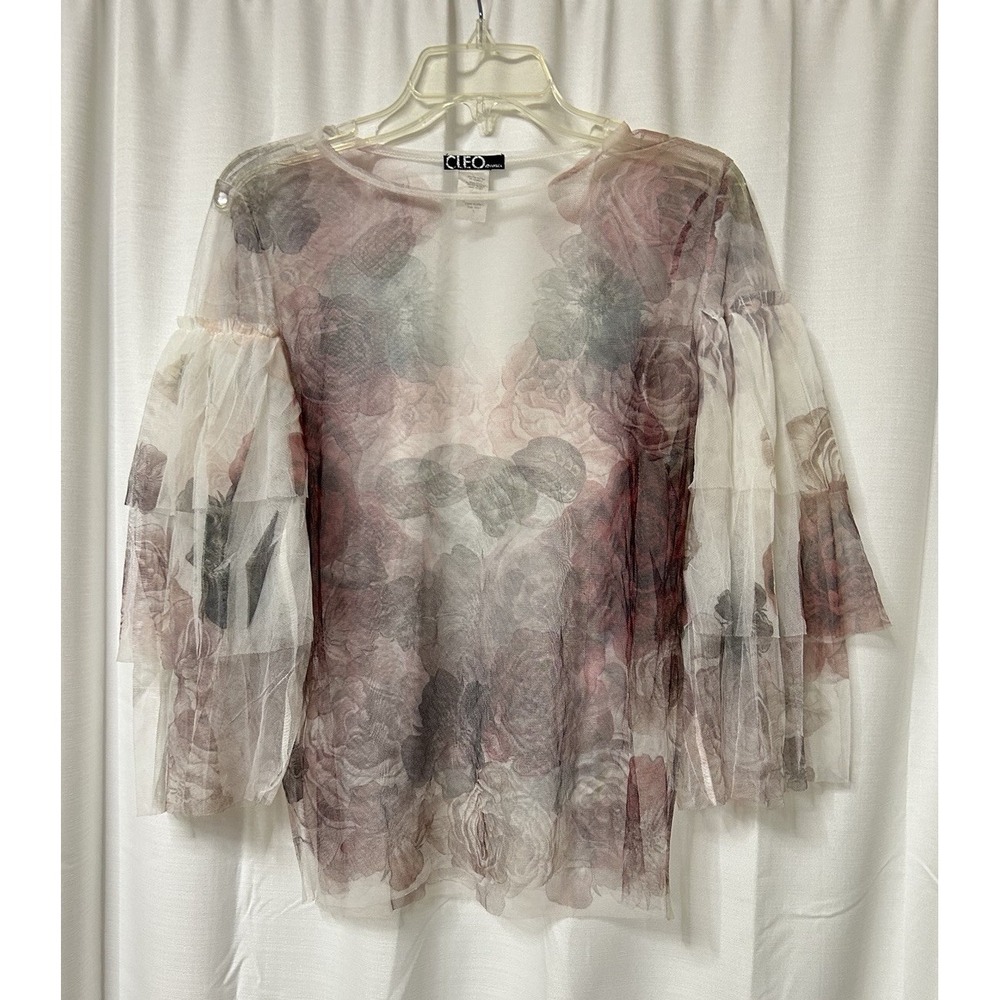 Cleo Apparel Vintage Sheer Floral Top Blouse Fairy Cottage Whimsy L Romantic